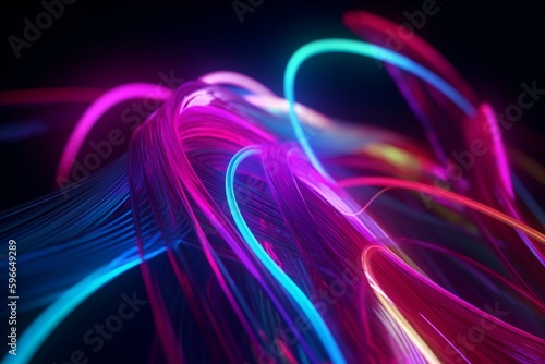 Colorful neon light spectrum with a pink, blue, and violet glowing line creates an abstract background. Looping string emits ultraviolet quantum energy. Generative AI