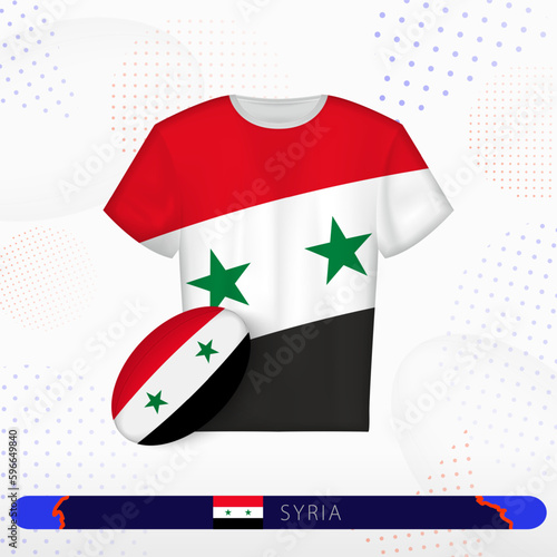 Syria rugby jersey with rugby ball of Syria on abstract sport background.