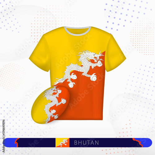 Bhutan rugby jersey with rugby ball of Bhutan on abstract sport background.