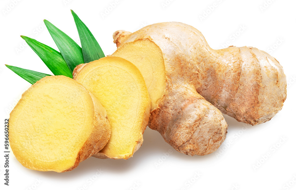 Fresh ginger root and ginger slices with leaves isolated on white background. Fresh ginger root and ginger slices with leaves isolated on white background.