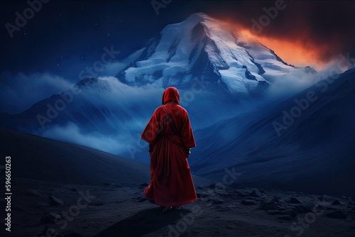 person in a red robe standing in front of a majestic mountain landscape. Generative AI © AkuAku