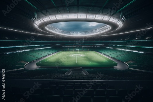 A circular rugby arena in 3D with green seating and VIP suites. Generative AI © Delphine