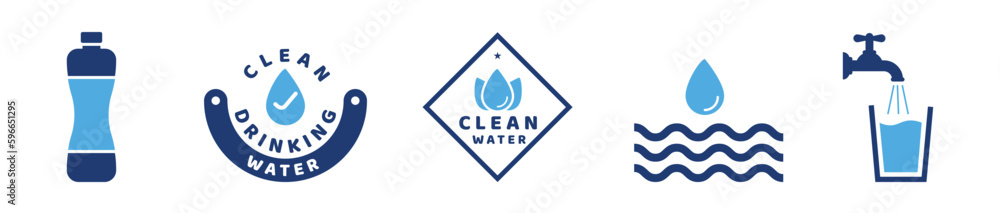Drinking water icon vector set. Tap water with glass, bottle and clean water sign symbol illustration. Drinking water icon vector set. Tap water with glass, bottle and clean water sign symbol illustration.