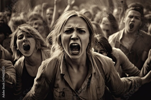 A woman screams in the crowd, her expression conveying intense emotion and urgency. Generative AI photo