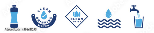 Drinking water icon vector set. Tap water with glass, bottle and clean water sign symbol illustration.