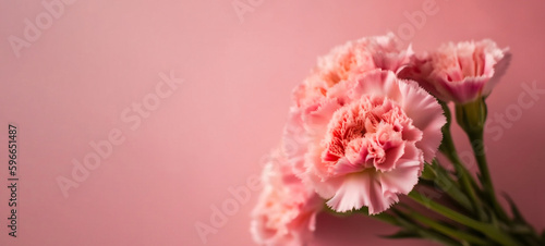 Pink carnations on pink background, Banner with flowers