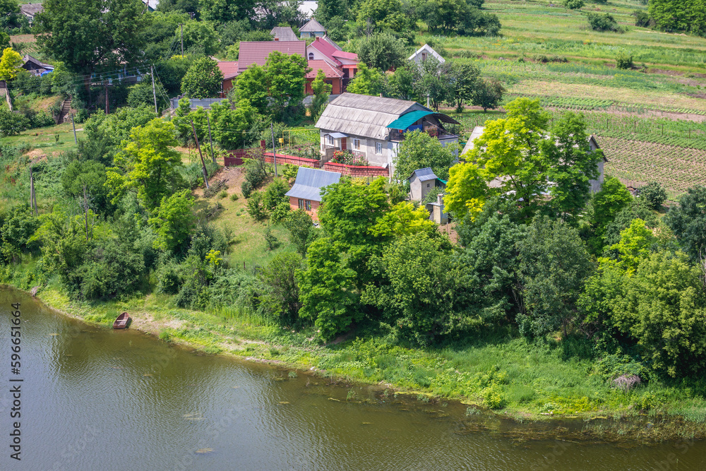 Aerial view of Zhvanets village over River Zhvanchyk in Khmelnytskyi region, Ukraine