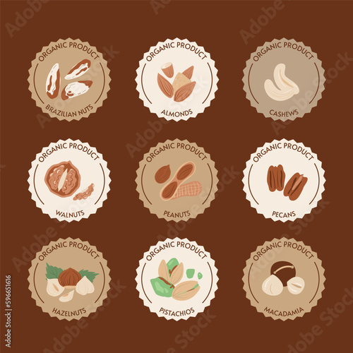 Packaging label for nuts. Vector set of round stickers. Craft paper, sketch colored illustrations of different nuts. 9 different nut stickers and labels Organic product and Nut name. Vector