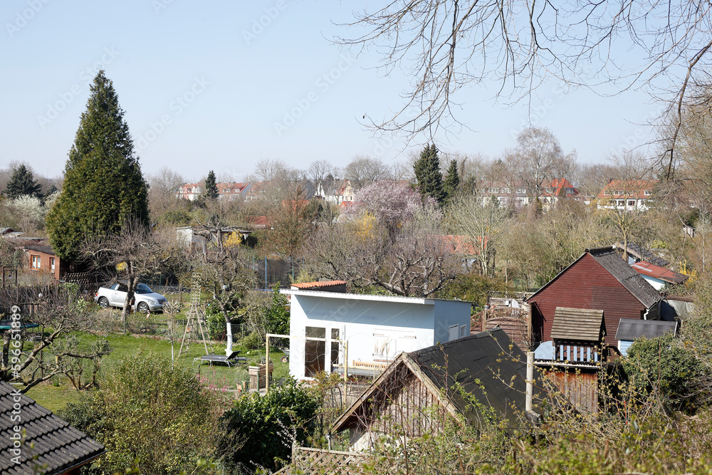 Gartenlauben, Schrebergärten im Frühling, Bremen, Deutschland Gartenlauben, Schrebergärten im Frühling, Bremen, Deutschland