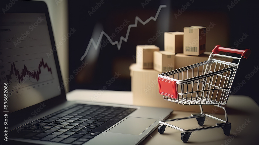 E-commerce. Paper boxes in shopping cart and credit card on keyboard and sales data economic growth graph on computer screen, online shopping and payments, banking, services online on network