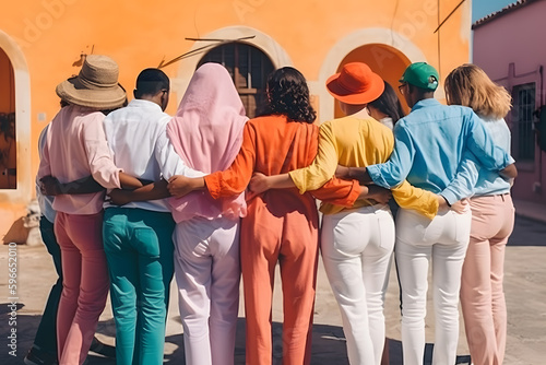  diverse race people in colorfull clotes hugging each other in sunny bright day ai generated art © mihail