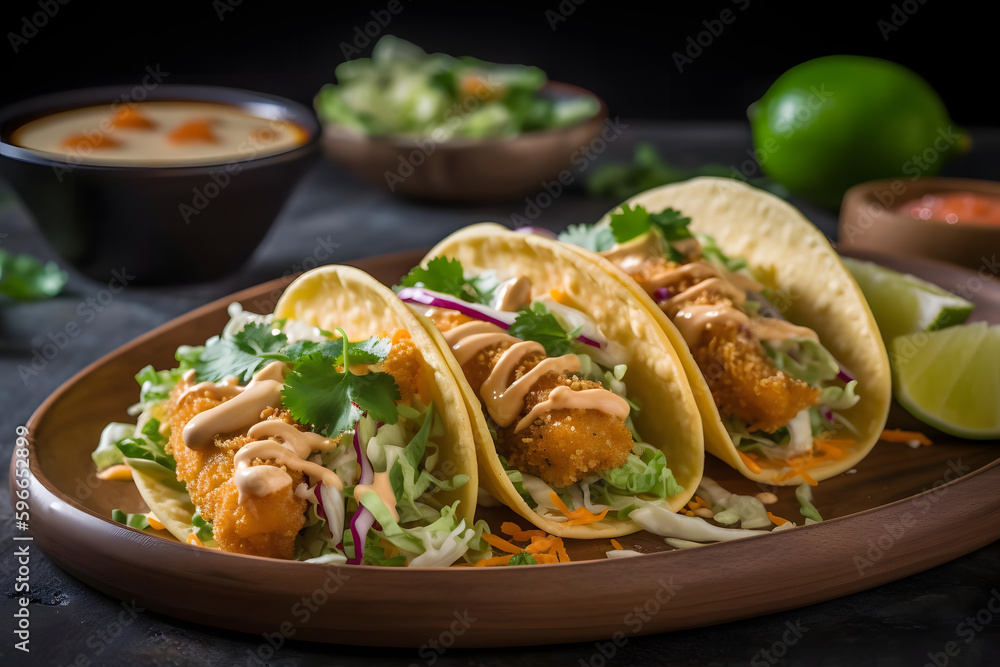 Fish tacos, filled with crispy fried fish, creamy sauce, and fresh toppings, are a popular summer dish in coastal regions Fish tacos, filled with crispy fried fish, creamy sauce, and fresh toppings, are a popular summer dish in coastal regions