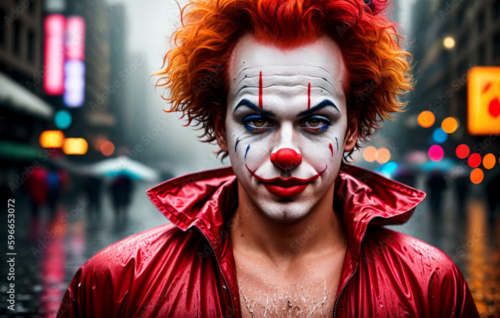 drenched man in the image of a clown in the rain in metropolis center. Generative AI. drenched man in the image of a clown in the rain in metropolis center. Generative AI.