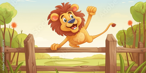 Cute Cartoon Style Lion Jumping Over A Wooden Fence Generative Ai Digital Illustration Part#260423