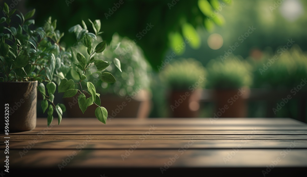 Empty wooden table with free space  and nature background, green field, trees, plants. To set up a display case with products. Focus on the table. Created with AI tools