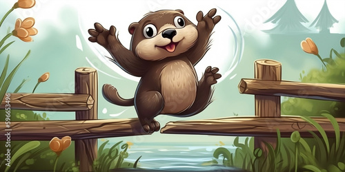 Cute Cartoon Style Otter Jumping Over A Wooden Fence Generative Ai Digital Illustration Part#260423