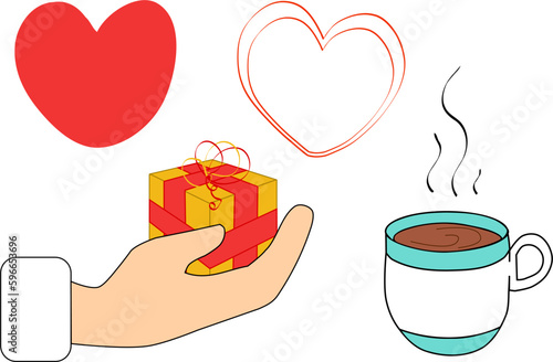 Mano con regalo. Icono  de mano ofreciendo regalo, corazones y taza de chocolate o café. Entrega un regalo o intercambia varios artículos. Regalo en mano. Ilustración a vector.