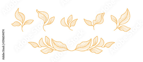 Golden leaves, vector line collection Art deco set