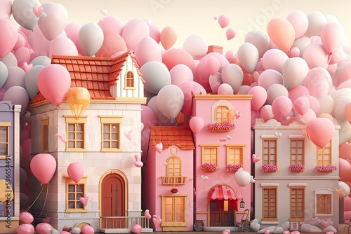 neighborhood with colorful balloons floating in the sky. Generative AI