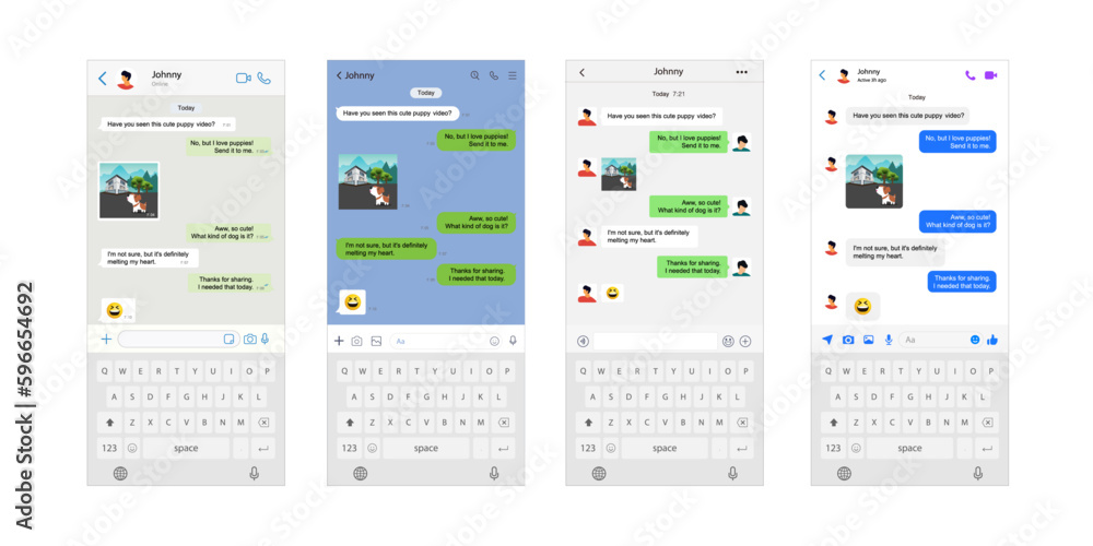 Vector chatting screen in mobile communication illustration. Chat app template. Modern realistic white and black smartphone. Social network concept. Vector. Vector chatting screen in mobile communication illustration. Chat app template. Modern realistic white and black smartphone. Social network concept. Vector.