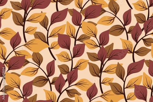 Seamless pattern  botanical ornament with autumn foliage. Vintage design for fabric  paper with hand drawn leaves on branches. Yellow  brown leaves on a light background. Vector illustration.