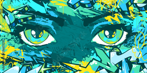 Trendy Abstract Urban Colorful Neon Futuristic Street Art Graffiti Style Background With Big Eyes Vector Illustration