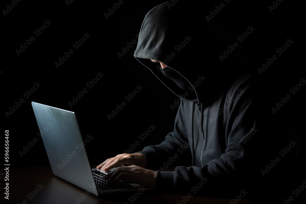 Hacker with laptop initiating cyber attack Hacker with laptop initiating cyber attack