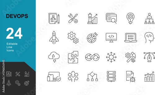 Development Line Editable Icons set. Vector illustration in modern thin line style of DevOps icons: application development stages, testing, programming, Information Technology operations. 