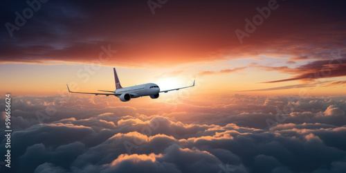 Airplane flying above the clouds at sunset