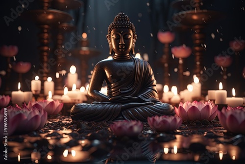  Spiritual Buddha Floral Decor in a Peaceful and Serene Atmosphere - Generative AI  © DigitalMuse