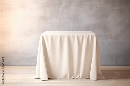 Blank cream fabric tablecloth on table counter podium