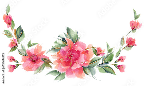 Fototapeta Naklejka Na Ścianę i Meble -  Pink floral ditsy rose garland. Spring mood with chaplet composition of watercolor delicate pink flowers