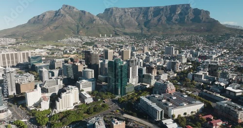 Spectacular aerial panning view of Cape Town City Centre, Table Mountain, Cape Town, South Africa