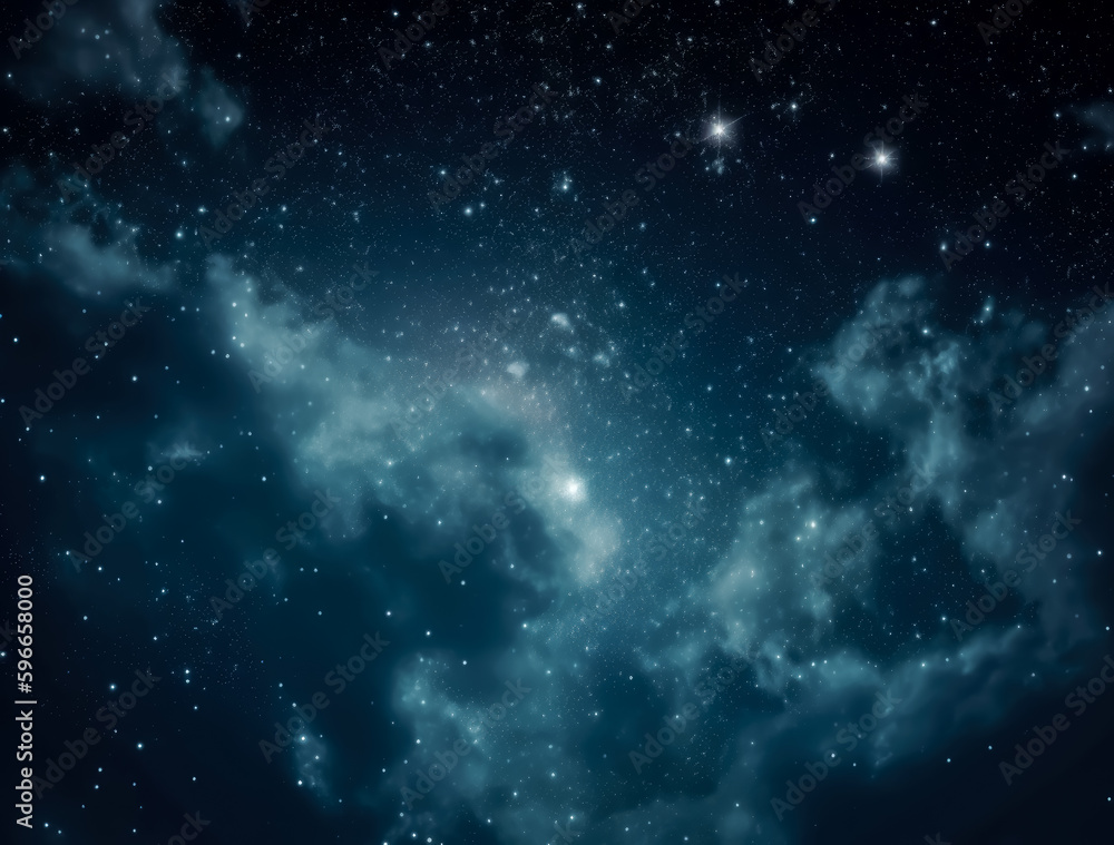 Space background filled with stars and clouds, ethereal cloudscapes in the night sky. milky way galaxy. Generative AI.