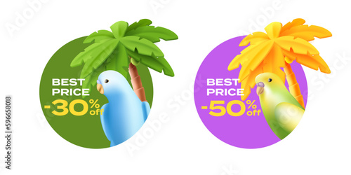 Set of labels with budgie parrot bird, tropical palm tree in circle shape, promo discounts, 3d cartoon illustration