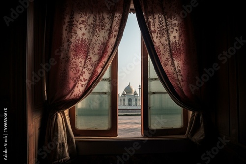 Agra s Taj Mahal covered by fabric curtains. Generative AI