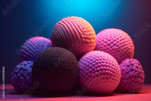 Balls stacked in front of a pink sky and purple background with pink & blue accents. Generative AI