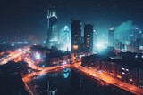 Vibrant urban skyline at night featuring glowing skyscrapers and futuristic architecture. Generative AI