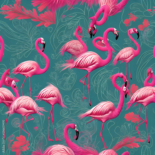 seamless pattern with flamingos, birds, cartoon, wildlife, water, flamingos,  AI generated	