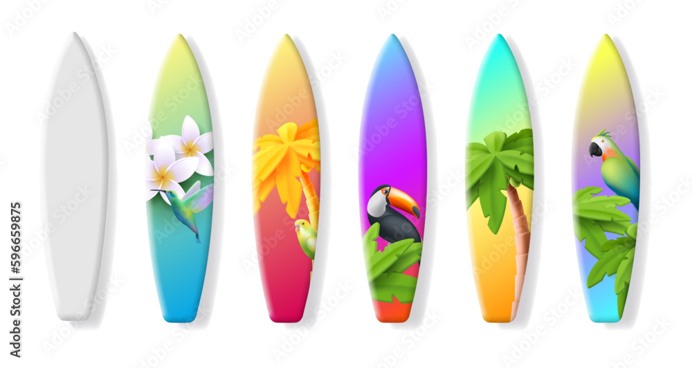 Surfboard tropical backgrounds vector template with 3d render illustrations of palm tree, tucan and parrot and flowers, blank clipart