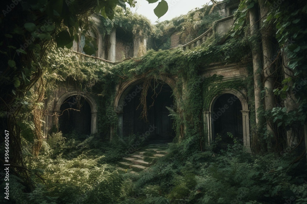 The ancient fortress is decrepit and overgrown with vines. Its portals are sealed, and the atmosphere is ominous. Generative AI