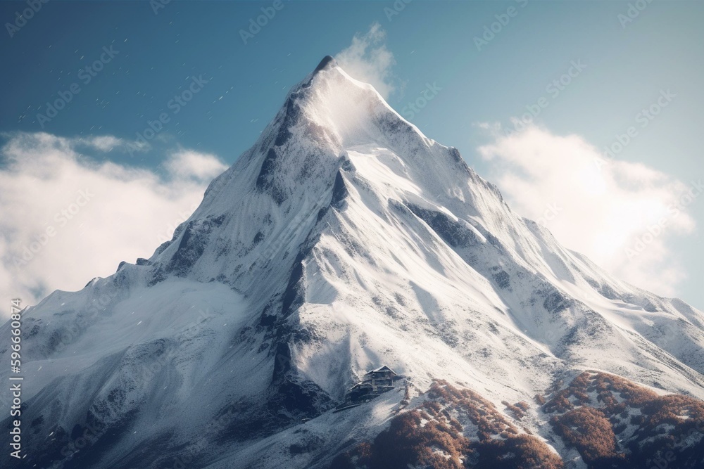 Stunning winter card featuring a snow-capped mountain. Generative AI