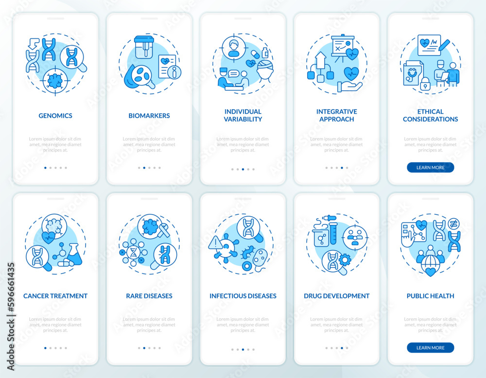 Precision medicine blue onboarding mobile app screens set. Walkthrough 5 steps editable graphic instructions with linear concepts. UI, UX, GUI template. Myriad Pro-Bold, Regular fonts used