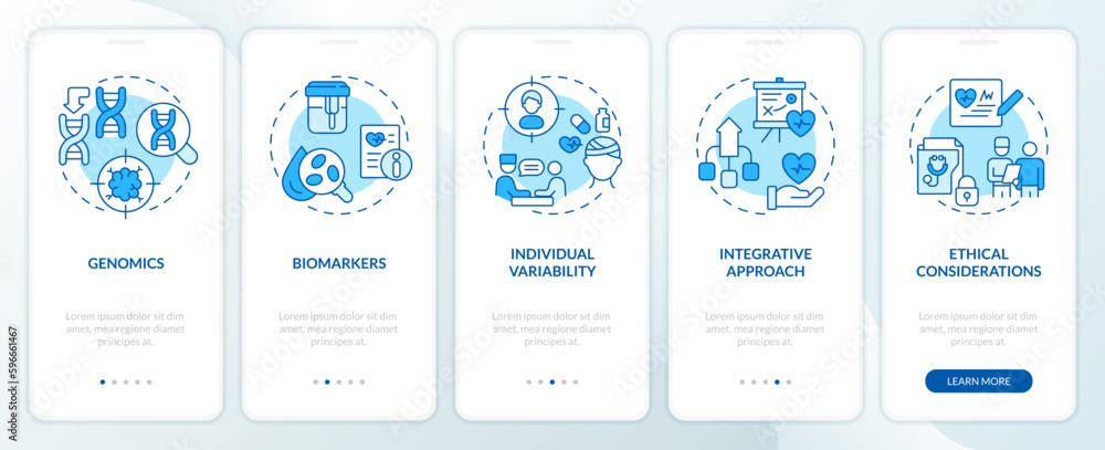 Precision medicine concepts blue onboarding mobile app screen. Walkthrough 5 steps editable graphic instructions with linear concepts. UI, UX, GUI template. Myriad Pro-Bold, Regular fonts used