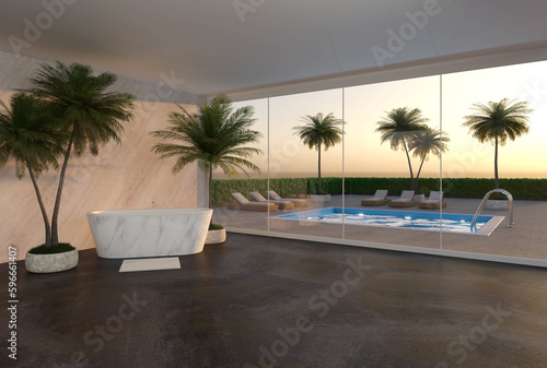 modern luxury bathroom with shower,  swimming pool and palm - 3D Illustration © pixelkorn