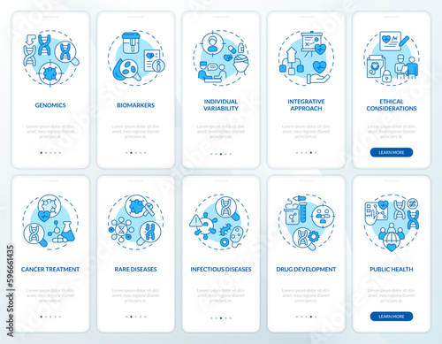 Precision medicine blue onboarding mobile app screens set. Walkthrough 5 steps editable graphic instructions with linear concepts. UI, UX, GUI template. Myriad Pro-Bold, Regular fonts used