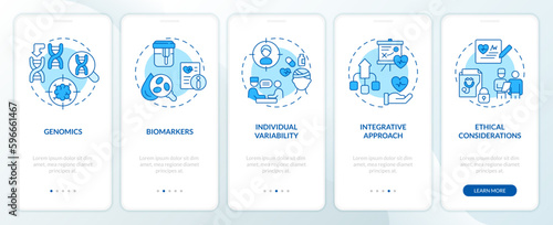 Precision medicine concepts blue onboarding mobile app screen. Walkthrough 5 steps editable graphic instructions with linear concepts. UI, UX, GUI template. Myriad Pro-Bold, Regular fonts used