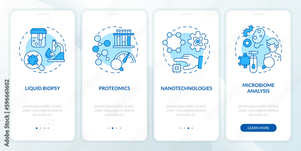 Technological advances blue onboarding mobile app screen. Genetics walkthrough 4 steps editable graphic instructions with linear concepts. UI, UX, GUI template. Myriad Pro-Bold, Regular fonts used