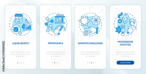 Technological advances blue onboarding mobile app screen. Genetics walkthrough 4 steps editable graphic instructions with linear concepts. UI, UX, GUI template. Myriad Pro-Bold, Regular fonts used