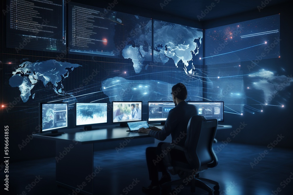 Man in headquarter crisis center with huge screens, futuristic view with lot of connections around the world Man in headquarter crisis center with huge screens, futuristic view with lot of connections around the world